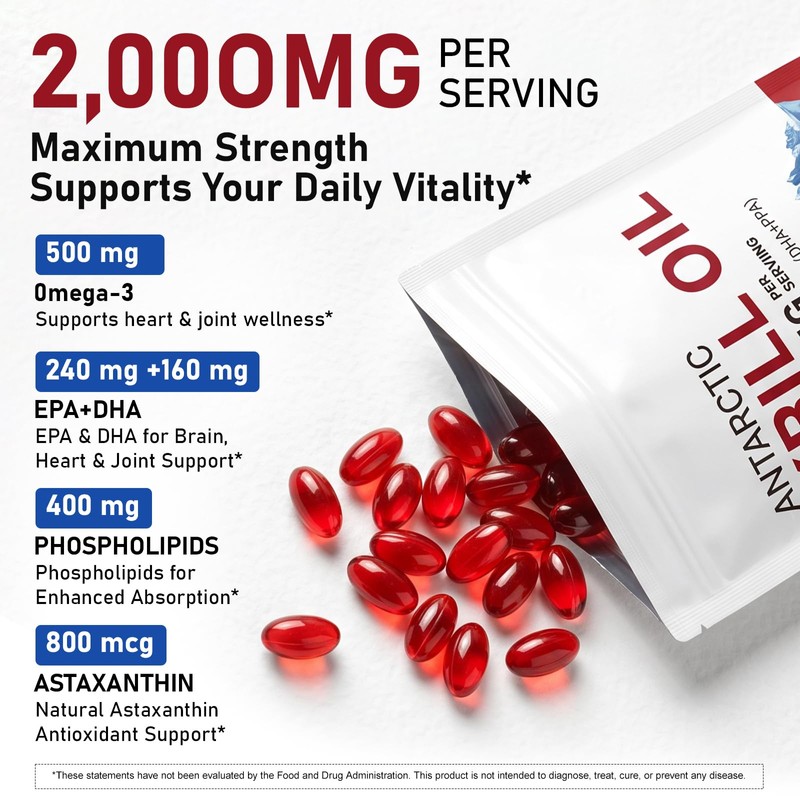 Antarctic Krill Oil 2000mg Softgels with Omega-3s EPA, DHA, Astaxanthin