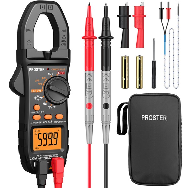 Proster Digital Clamp Meter TRMS 6000counts 800A AC/DC Current AC/DC Voltage NCV Continuity Capacitance Resistance Frequency Diode LPF LOZ Test