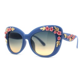Gafas de sol de metal para mujer, diseño de flores y follaje, Azul / Azul Amarillo, 5 13/16" (147mm) W x 2 3/8" (61mm) H