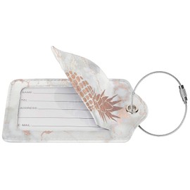 Faux Rose Gold Foil Pineapple on Pink Marble Luggage Tag with Full Back Privacy Name ID Card Stainless Steel Loop Suitcase Labels Identifiers PU Leather Baggage for Women Men Kids Girls Travel (1pcs)