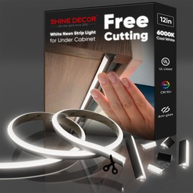 Shine Decor Under Cabinet Lighting Strip, Free Cuttable LED Silicone Neon Rope Hardwired 24V Anti-Glare Bright Cozy 228 Lumen for Indoor, Adhesive Black Shell 6000K Cool 12” UL Certified, No Adapter