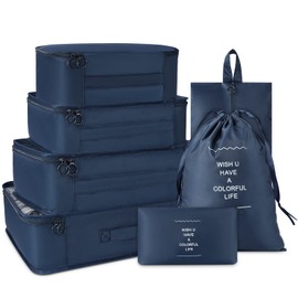 7 Set Packing Cubes Travel Organizer Set Fordable Compression Suitcase Packing Cubes Waterproof Luggage Organizer with Shoe Bag & Laundry Bag,Navy