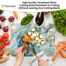 VSAR House Tempered Glass Cutting Board for Kitchen, 16"x12" Glass Cutting Board with Design, Anti-Slip Feet, Dishwasher Safe, Heat Resistant, Scratch Resistant, Blue-Brown