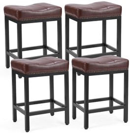 DUMOS Bar Stools Set of 4, 24 inch Counter Height Saddle Stools, Upholstered Modern Kitchen Barstools with Metal Base, PU Leather for Kitchen Island, Brown