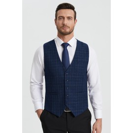 HISDERN Men's Formal Wedding Party Waistcoat Cotton Plaid Check Dress Suit Vest, L(Chest 43.5 inches), Royal Blue