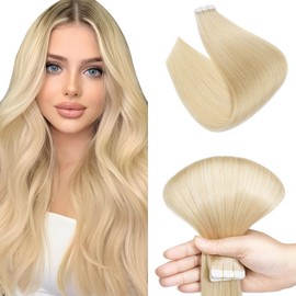 Elailite Blonde Tape in Hair Extensions Human Hair 10 PCS - Seamless Skin Weft Remy Real Hair Extension Straight - #613 Bleach Blonde - 14 Inch 20g