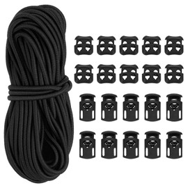 PATIKIL 16 Yard Elastic Bungee Cord & Single Hole Cord Lock & Double Hole Spring Toggle Stopper for Paracord Drawstring Shoelaces Clothing Backpack Bags Black Pack of 21