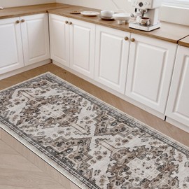 Joydeco Runner Rug 2x5 Non Slip Machine Washable Vintage Hallway Carpet Runner, Low Pile Lightweight Chenille Print Rugs for Entryway, Hallway, Bedroom, Kitchen and Corridor, Light Coffee