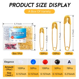 150Pcs Gold Safety Pins 3 Different Sizes, a Total of 300pcs DIY Colored Beads and 78pcs Letter Beads