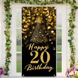 BlissYard 20th Birthday Door Cover 71x35 Inch Black Gold Glitter Happy Birthday Banner for Young Women Sparkling Party Hat Confetti Ribbons Twentieth Milestone Celebration Photo Booth Prop Wall Decor