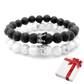 Bracelet King and Queen Crown Natural Stone Beads for Couples, Elastic Gemstone Bracelets Made of CZ Crowns King and Queen Matte Black Lava Volcanic Stone and White Howlite, Couple Gifts