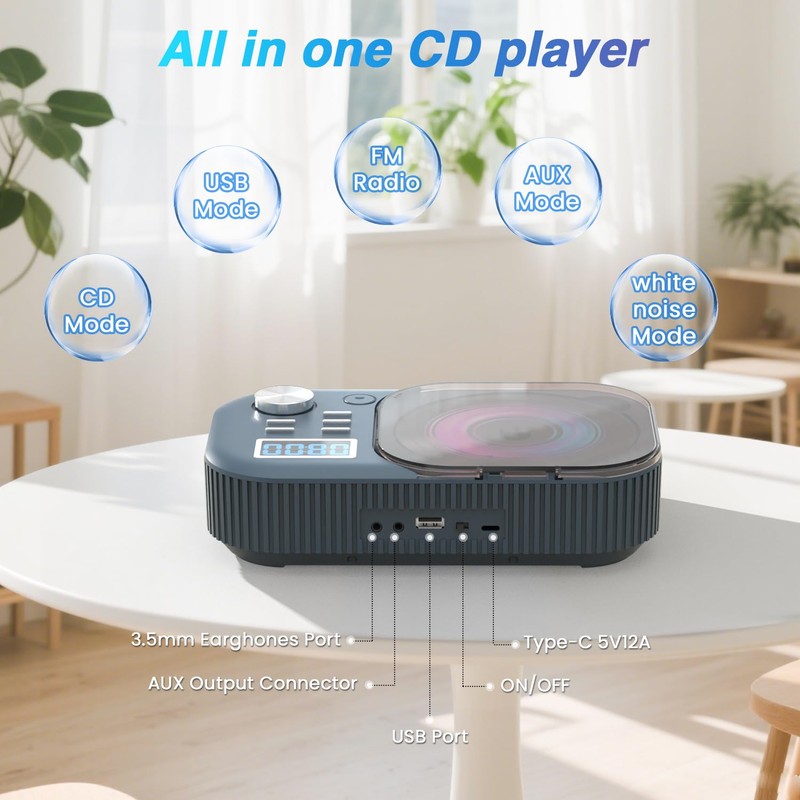 CD Player Portable, White Noise Portable CD Player with Bluetooth