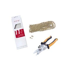 PYC Hollow-Pin 11 Speed Bicycle Bike Chains Ultralight 116-Links w/Chain Pliers&Cable Cutter Tool (Gold Chains w/Orange Tool)