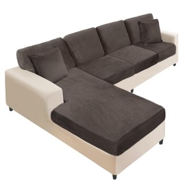 NAISI Sectional Couch Covers 8 Pieces Velvet Couch Cushion Covers L Shape Soft Stretch Sofa Slipcovers with 2pcs Pillowcases for Left/Right Chaise Sectional Couch(3 Seater+1 Chaise+4 Back,Brown)