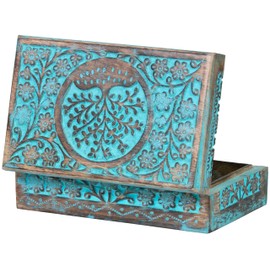 Wooden Box - Keepsake Box With Lid - Memory Box For Keepsake - Tree of Life - Crystal kit Box for Keeping Stones, Engraved Design, Jewelry Box, Trinket Box - Sky Blue