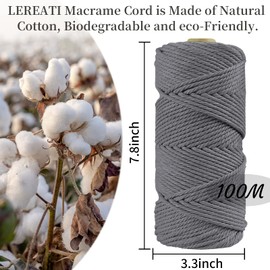 LEREATI Macrame Cord 4mm x 100m, Thick Macrame Rope Natural Cotton Rope Craft String, 4 Strand Twisted Cotton Cord Yarn for DIY Plant Hanger, Wall Hanging, Christmas Decoration (Gray)