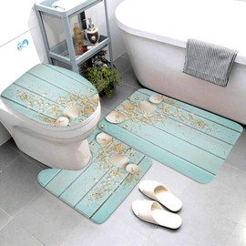 Jbofyee Seashells On Wooden Background 3 Piece Bathroom Rugs Set, Bath Mat + Contour Mat + Toilet Seat Cover, Non-Slip Soft Microfiber Bathmat for Tub Shower Room Decor, Machine Washable