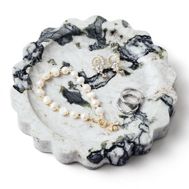 WORHE Calacatta Viola Marble Vanity Tray - Small Scalloped Round Stone Tray for Jewelry, Perfume, Makeup -Natural Decorative Bathroom Tray for Elegant Dresser Home Decor (WH049)