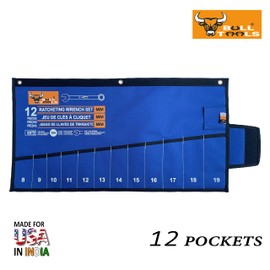 BULL TOOLS Tool Roll Up Pouch Wrench Organizer Retched Bag Waterproof Printed Ballistic Polyester Canvas for Gear Drive User Portable Easy Grip 12 Pocket Metric - Blue - (Tools are not included)