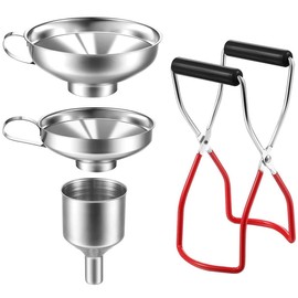 Stainless Steel Canning Funnel Set, Jar Funnel Lifter with Grip Handle for Wide Mouth and Regular Jars Mason Canning Funnel for Transferring Spices, Liquids, Beans, Jam (4PCS)