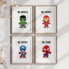 Superhero Wall Art for Boys - Set of 4 Prints with Positive Affirmations - Be Kind, Be Brave, Be Smart, Be You - Playroom Decor and Superheroes Decoration (A4)
