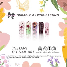 3D Medium Square Press on Nails MABKJLF French Tip Fake Nails Tropical False Nails with Flower Designs Colorful Glossy Glue on Nails Summer Stick on Nails for Women Girls 24Pcs