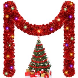 Kingdder 16.4 ft Christmas Lighted Garland Tree Decoration Prelit Tinsel Garland Battery Operated 50 LED Christmas Garland Multicolor Garland for Xmas Home Outdoor Decor(Multicolor, Red)