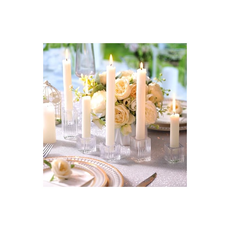 LETINE 12pcs Vertical Stripe Glass Candlestick Holders - Chic Taper
