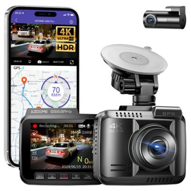 AZDOME GS63Pro Dash Cam, Front and Rear Camera, 4K + 1080P, 128 GB eMMC Built-In SD Card, GPS, WiFi, HDR/WDR Correction, 24 Hour Parking Surveillance, Night Vision Function, G-Sensor, Motion Detection, Overwrite Recording