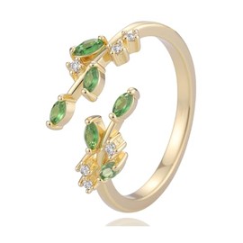 Ucilon Dainty Gold Ring for Teens Cute Fashion Shining Cubic Zirconia Branch Leaf Ring Open Adjustable Stackable Rings for Women (Green & Gold)