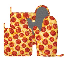 Novelty Pizza Food Oven Mitts and Pot Holders Sets of 4, Heat Resistant Silicone Oven Mittens and Potholders Gloves Hot Pads for Kitchen Cooking Baking Grilling BBQ Chef