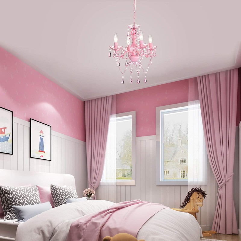 Mini Chandelier with Acrylic Crystals Pink Chandelier 4 Light Modern