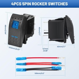 Anina 4PCS Rocker Switch 5Pin SPST 20A/12V 10A/24V ON/Off with Night Glow Sticker & Jumper Wire, Blue LED Light Waterproof Boat Marine Toggle Switch 2 Positions for Truck Motorcycle ATV UTV RV Camper