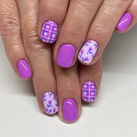 FOXIIU Press on Nails Square Short Purple Glossy Full Cover Artificial Short Fake Nails with Floral Bud Designs Acrylic Short Coffin Spring False Nails with Glue Stick on Fingernails for Women Girls