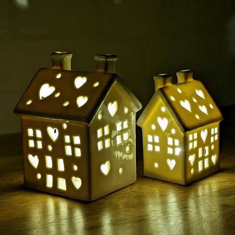 Fyne-Finds Warm LED House White Gloss Ceramic Hut Set Pair