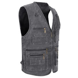 LUSI MADAM Men's Stone Washed Denim Multi-pocketed Fishing Work Outerwear Vest Small Black