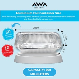 Aluminium Foil Food Containers with Lids - Pack of 50 (No6a) + 10 Free Sauce Tubs | 600ml Rectangular Disposable & Reusable Trays for Meal Prep, Takeaway, Baking, and Catering