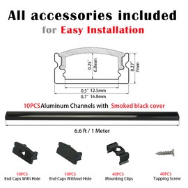 Muzata 10Pack 6.6ft/2M Black LED Channel System with Crystal Smoke Transparent Clear Cover Lens,Aluminum Track Housing Profile for Strip Tape Light, U Shape U1SW BB 2M,LU1 L2M