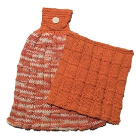 Handmade Knitted Large Hanging Kitchen Towel & Dish Cloth Set - 100% cotton - Orange