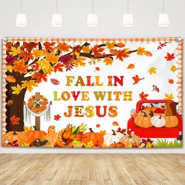 MEHOFOND 6x3.6ft Fall in Love with Jesus Backdrop Fall Christian Photography Background Fall Tree Maple Leaves Jesus Cross Faith Religious Decorations Banner Photo Studio Props