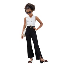 WDIRARA Girl's Color Block Lapel Neck Sleeveless Flare Leg Split Hem Elegant Jumpsuit Black and White 10Y