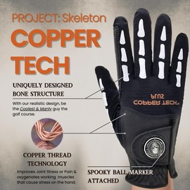XEIRPRO Copper Tech Plus Men's Golf Gloves - Skeleton Pattern with Ball Marker – Perfect for Summer - Copper Infused Mens Golf Gloves (Black/White, ML/L, Right)