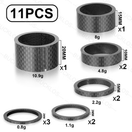 BUCKLOS 11 PCS Bike Headset Spacer Aluminum Alloy/Carbon Fiber 20 15 10 5 3 2 mm for Bicycle, 1-1/8 Inch Fork Handlebar Stem Spacers Threadless, fit in MTB Road BMX Folding Bikes.