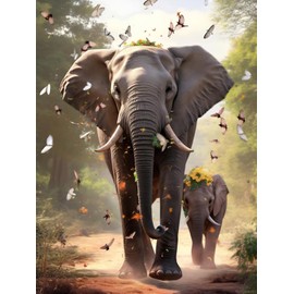 TUTUMAY21 Elephants with Butterfly Diamond Painting Kits for Adults Wild Animal 5D DIY Round Full Drill Paint with Pictures Gem Art and Crafts for Home Wall Art Decor 12x16inch