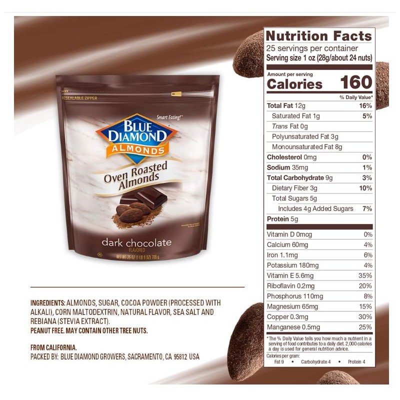 Blue Diamond Almonds, Oven Roasted Dark Chocolate Flavored Snack Nuts,