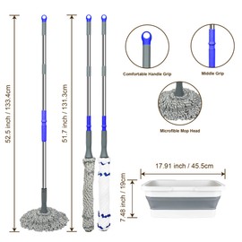 Kickleen Self Wringing Mop with Bucket- Easy Squeeze Twist Mop with 52.5 Inch Long Handle, Heavy Duty for Hardwood, Tile, Vinyl & Laminate Floors (Gray+White)