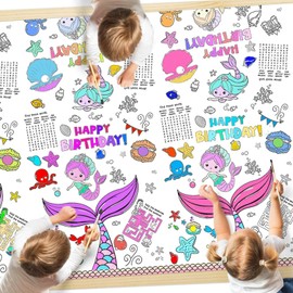 Mermaid Coloring Tablecloth for Kids, 54x108 Inch Mermaid Birthday Coloring Paper Tablecloth Memaid Coloring Poster Memaid Table Cover for Memaid Birthday Party Decorations Memaid Party Favors