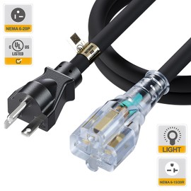 6FT Nema 6-20P to 6-20R/6-15R Extension Cord, Plugrand Nema 6-20 Heavy Duty Extension Cable 20 Amp 250 Volt 12AWG, Nema 6-20R T-Blade Cord with Red Indicator Light for Air Conditioner, Black