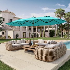 Patio Kingdom 15FT Double Sided Patio Umbrella with Base Included Large Outdoor Market Umbrella with Crank Handle, UV Resistant Canopy, Sturdy Frame for Garden, Poolside, Deck, Aqua Blue