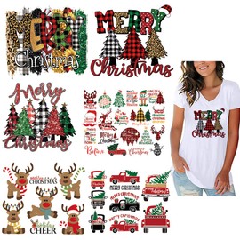 BYNYTO Christmas Heat Transfer Vinyl HTV Iron on for T-Shirts Classic Buffalo Plaid Iron Patches Black Red Green Xmas Appliques with Deer Letter Tree Elk Car Truck Leopard Design DIY Decals 6 Sheets
